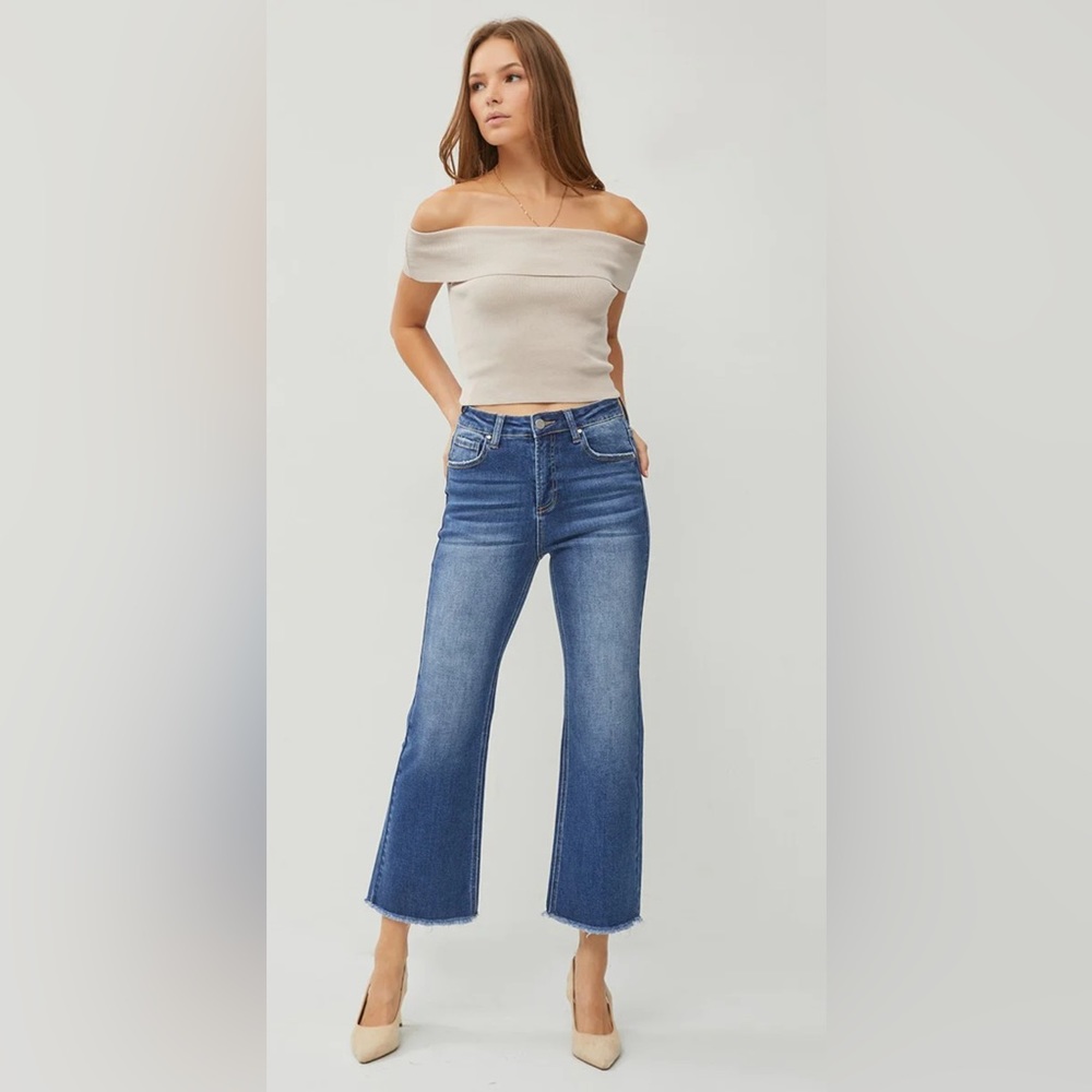 High Rise Frayed Bottom Wide Leg Jeans